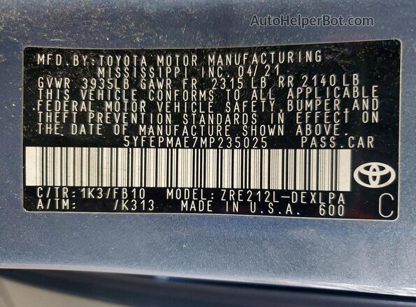 5YFEPMAE7MP235025 2021 TOYOTA COROLLA Blue Вид підкапотного простору