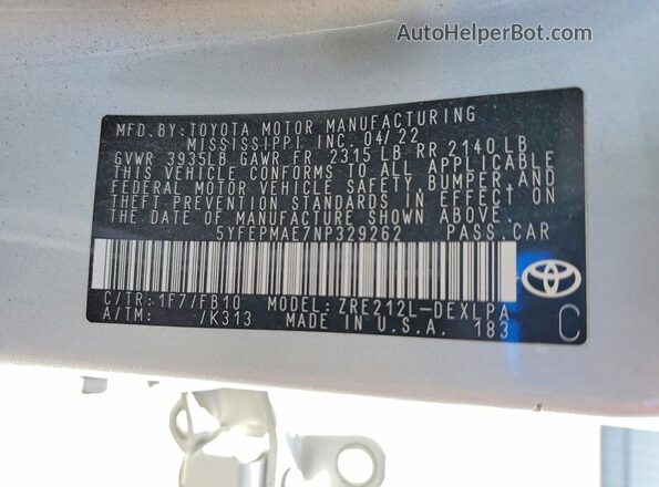 5YFEPMAE7NP329262 2022 TOYOTA COROLLA Silver Widok komory silnika