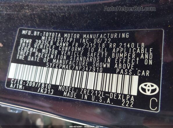5YFEPMAE7NP347910 2022 TOYOTA COROLLA Черный Вид подкапотного пространства