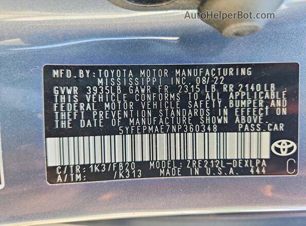 5YFEPMAE7NP360348 2022 TOYOTA COROLLA Blue 