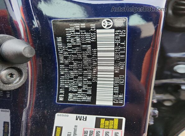5YFEPMAE7NP371446 2022 TOYOTA COROLLA Blue VIN კოდის სტიკერის ხედი