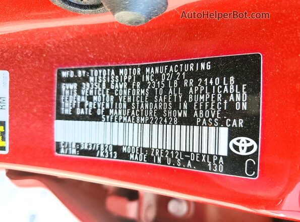 5YFEPMAE8MP222428 2021 TOYOTA COROLLA Red Engine compartment view