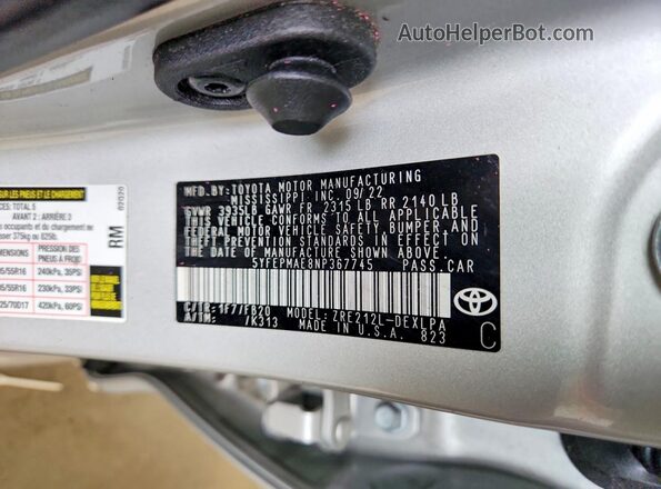 5YFEPMAE8NP367745 2022 TOYOTA COROLLA Silver Vista de la etiqueta del VIN