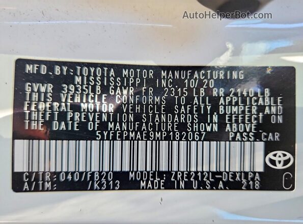 5YFEPMAE9MP182067 2021 TOYOTA COROLLA White Vista del compartimento del motor