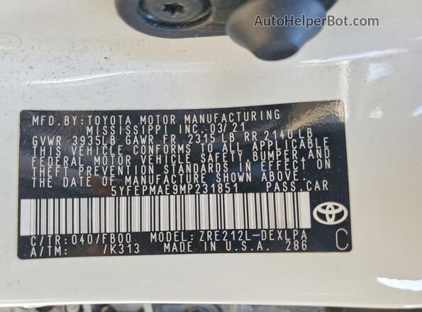 5YFEPMAE9MP231851 2021 TOYOTA COROLLA White Engine compartment view