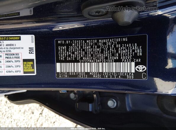 5YFEPMAE9MP261982 2021 TOYOTA COROLLA Dark Blue ძრავის განყოფილების ხედი