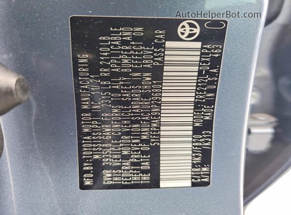 5YFEPMAE9NP296801 2022 TOYOTA COROLLA Blue Vista del compartimento del motor
