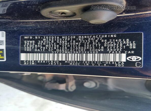 5YFEPMAE9NP344460 2022 TOYOTA COROLLA Blue VIN კოდის სტიკერის ხედი