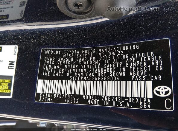 5YFEPMAE9NP369004 2022 TOYOTA COROLLA Blue Widok komory silnika