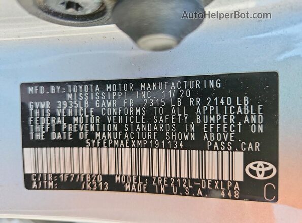 5YFEPMAEXMP191134 2021 TOYOTA COROLLA Silver Vista del compartimento del motor