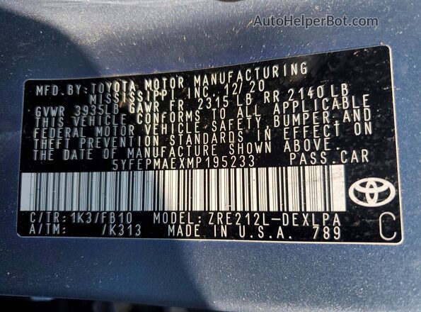 5YFEPMAEXMP195233 2021 TOYOTA COROLLA Blue Vista de la etiqueta del VIN