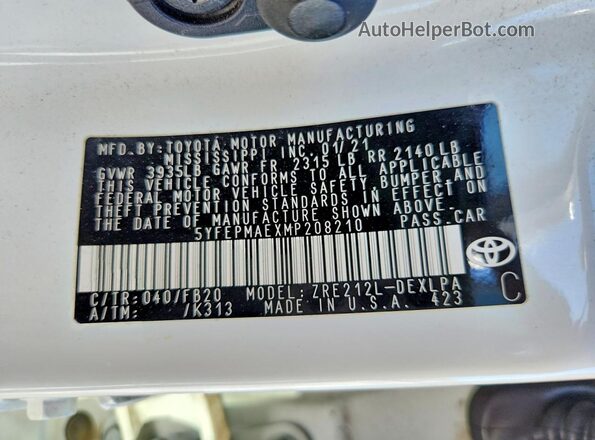 5YFEPMAEXMP208210 2021 TOYOTA COROLLA White VIN კოდის სტიკერის ხედი