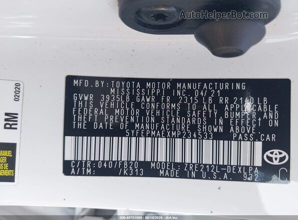 5YFEPMAEXMP234533 2021 TOYOTA COROLLA White Vista del compartimento del motor