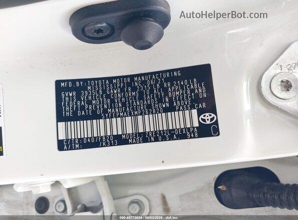 5YFEPMAEXMP262820 2021 TOYOTA COROLLA White ძრავის განყოფილების ხედი