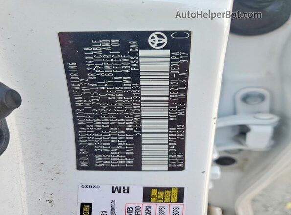 5YFEPMAEXNP391934 2022 TOYOTA COROLLA White Widok naklejki z numerem VIN