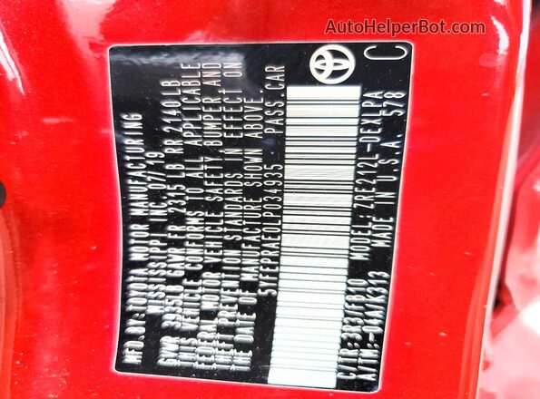 5YFEPRAE0LP034935 2020 TOYOTA COROLLA Red Widok naklejki z numerem VIN