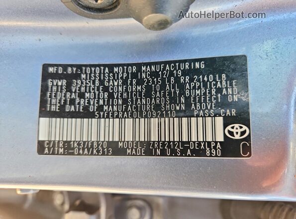 5YFEPRAE0LP092110 2020 TOYOTA COROLLA Синий Вид наклейки с VIN-кодом