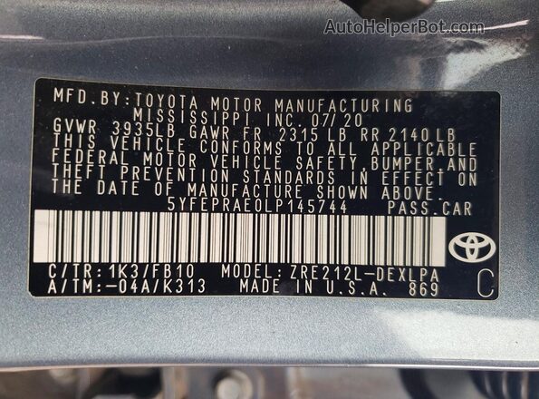 5YFEPRAE0LP145744 2020 TOYOTA COROLLA Gray Շարժիչի բաժամունքի տեսք