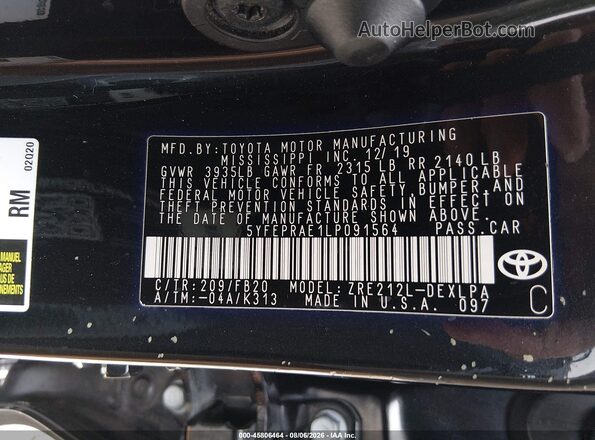 5YFEPRAE1LP091564 2020 TOYOTA COROLLA Black Շարժիչի բաժամունքի տեսք