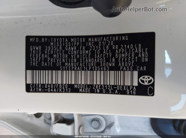 5YFEPRAE1LP105463 2020 TOYOTA COROLLA White Вид підкапотного простору