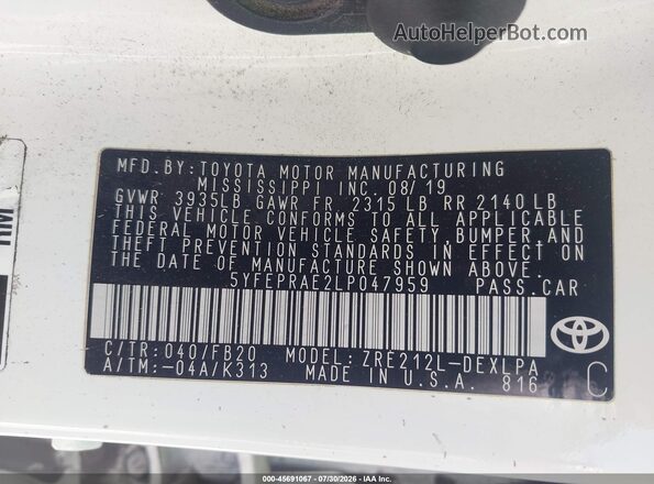 5YFEPRAE2LP047959 2020 TOYOTA COROLLA White Engine compartment view