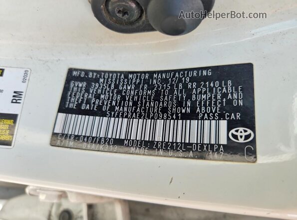 5YFEPRAE2LP098541 2020 TOYOTA COROLLA White ძრავის განყოფილების ხედი