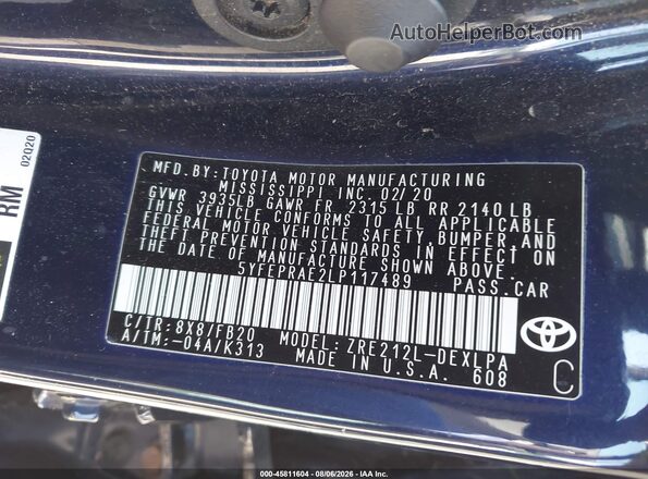 5YFEPRAE2LP117489 2020 TOYOTA COROLLA Blue Vista del compartimento del motor