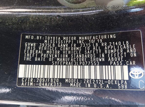5YFEPRAE3LP077553 2020 TOYOTA COROLLA Black Engine compartment view