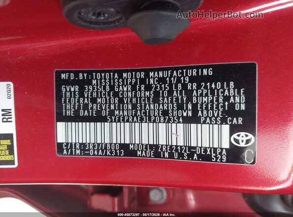5YFEPRAE3LP087354 2020 TOYOTA COROLLA Red Vista del compartimento del motor