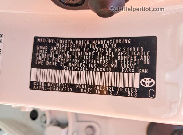 5YFEPRAE4LP068618 2020 TOYOTA COROLLA White 