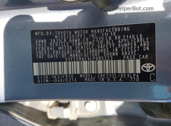5YFEPRAE4LP085323 2020 TOYOTA COROLLA Синий Вид наклейки с VIN-кодом