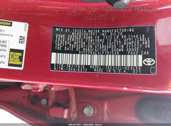 5YFEPRAE4LP102539 2020 TOYOTA COROLLA Red ძრავის განყოფილების ხედი