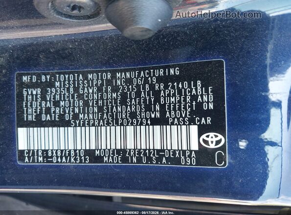 5YFEPRAE5LP029794 2020 TOYOTA COROLLA Dark Blue Вид подкапотного пространства