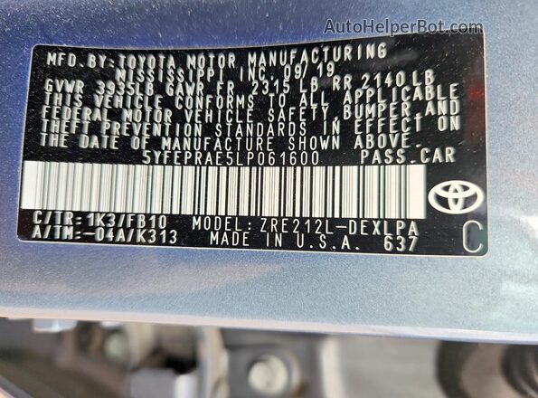 5YFEPRAE5LP061600 2020 TOYOTA COROLLA Gray Vista de la etiqueta del VIN