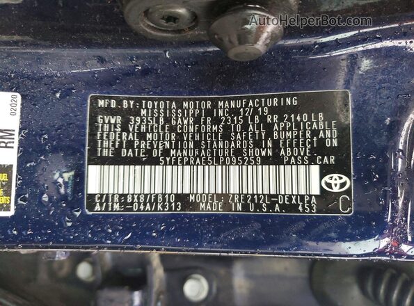5YFEPRAE5LP095259 2020 TOYOTA COROLLA Blue Widok naklejki z numerem VIN
