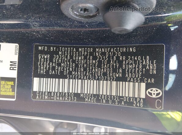 5YFEPRAE5LP107927 2020 TOYOTA COROLLA Blue Vista del compartimento del motor