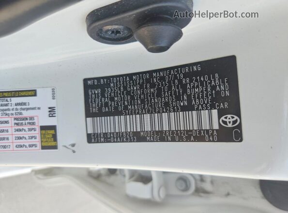5YFEPRAE7LP042613 2020 TOYOTA COROLLA White Engine compartment view