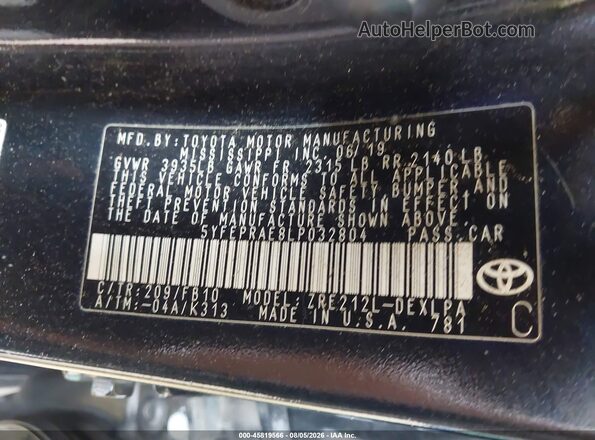 5YFEPRAE8LP032804 2020 TOYOTA COROLLA Black Շարժիչի բաժամունքի տեսք