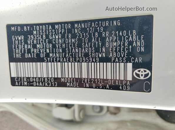 5YFEPRAE8LP095949 2020 TOYOTA COROLLA White Vista de la etiqueta del VIN