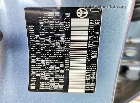 5YFEPRAE8LP100146 2020 TOYOTA COROLLA Blue Вид підкапотного простору
