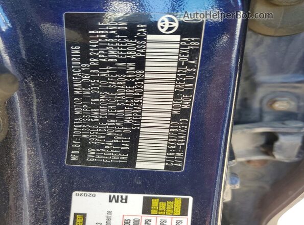 5YFEPRAE9LP033198 2020 TOYOTA COROLLA Blue Vista del compartimento del motor