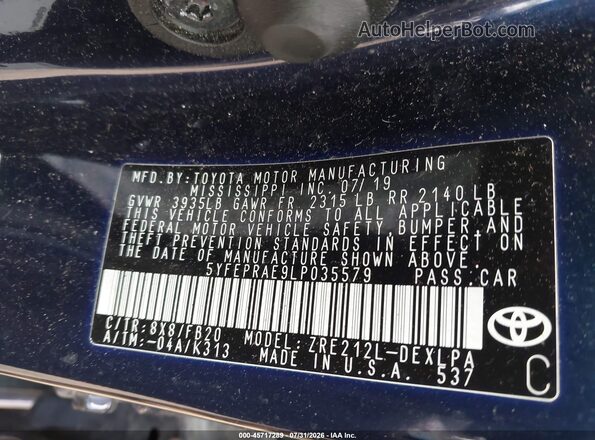 5YFEPRAE9LP035579 2020 TOYOTA COROLLA Синий Вид подкапотного пространства