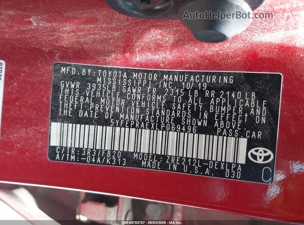 5YFEPRAEXLP069496 2020 TOYOTA COROLLA Red Շարժիչի բաժամունքի տեսք