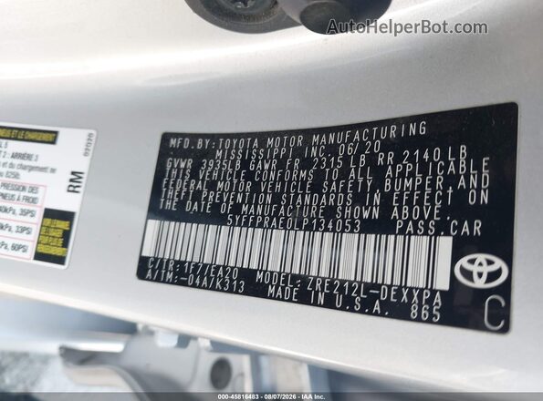 5YFFPRAE0LP134053 2020 TOYOTA COROLLA Silver Вид підкапотного простору