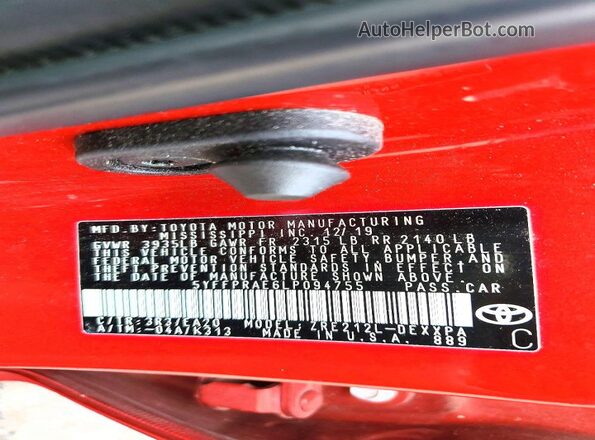 5YFFPRAE6LP094755 2020 TOYOTA COROLLA Red Вид наклейки з VIN-кодом