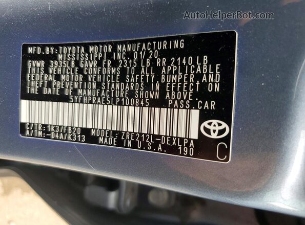 5YFHPRAE5LP100845 2020 TOYOTA COROLLA Blue Вид підкапотного простору