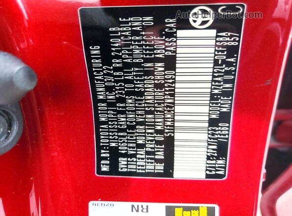 5YFM4MCE7NP112490 2022 TOYOTA COROLLA Red Շարժիչի բաժամունքի տեսք
