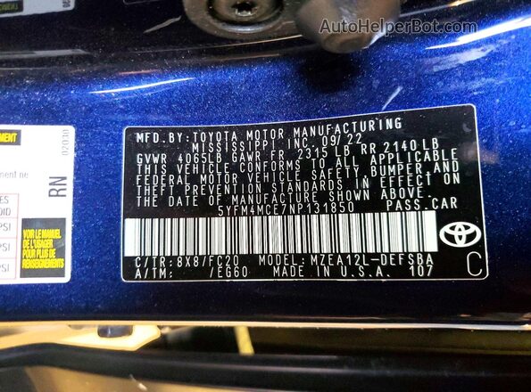 5YFM4MCE7NP131850 2022 TOYOTA COROLLA Blue Вид наклейки з VIN-кодом