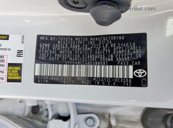 5YFP4MCE4RP188087 2024 TOYOTA COROLLA White ძრავის განყოფილების ხედი