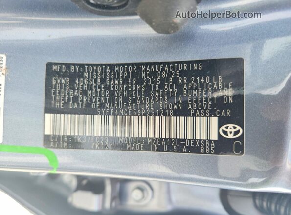 5YFP4MCE5SP251218 2025 TOYOTA COROLLA Blue Вид підкапотного простору